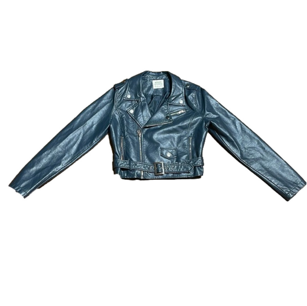 Ashley by 26 International Outerwear Blue Faux Leather Moto Jacket Size L